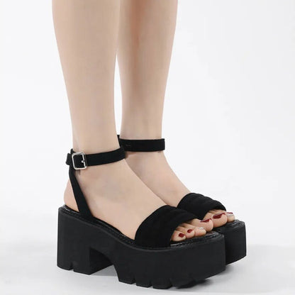 Black Suede Buckle Strap Platform Heels