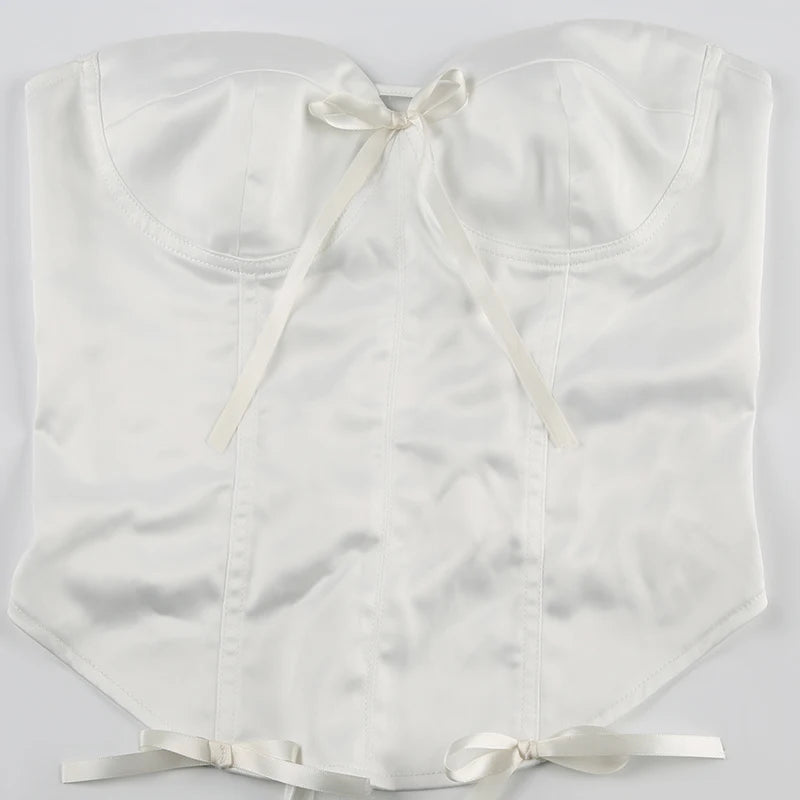 White Silk V-Cut Bow Corset Back Tie Strapless Top