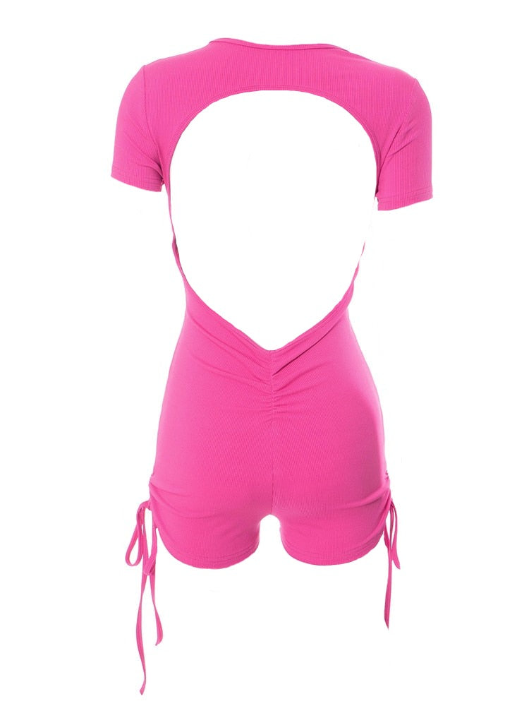 Pink Ribbed V-Cut Hollow Out Backless Ruched Booty Side Drawstring Short Sleeve Romper