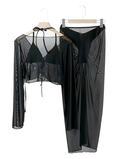 Black Bikini And Sheer Drawstring Cover Up Long Sleeve Skirt Set