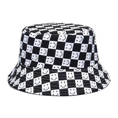 Solid Color Checkered Smiley Face Reversible Bucket Hat