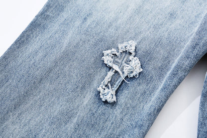 Blue Denim Distressed Cross Embroidery Straight Jeans