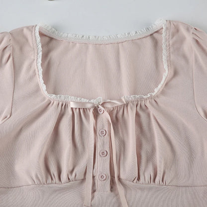 Solid Color Lace Trim Bow Quarter Button Up Long Sleeve