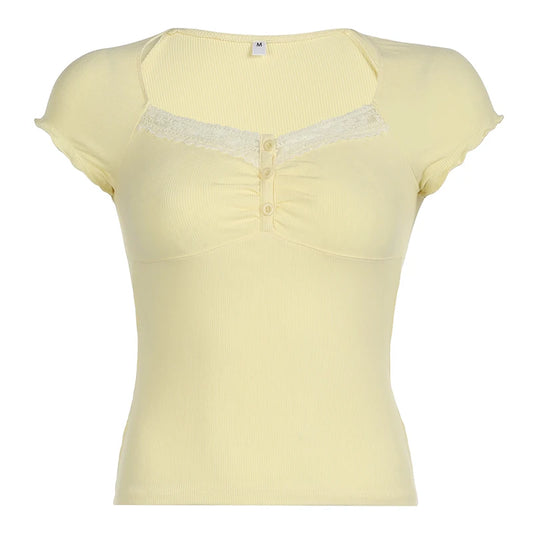 Yellow Knit Ribbed Lace Quarter Button Up Short Sleeve