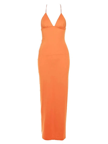 Solid Color Backless Butterfly Halter Maxi Dress