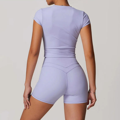Solid Color Stretchy Short Sleeve And Patchwork High Waisted Shorts Set