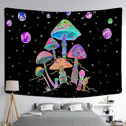 Neon Mushroom And Planets Tapestry