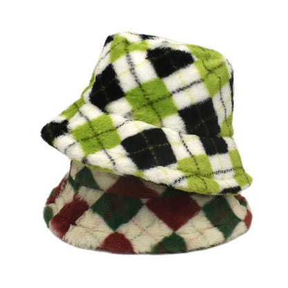 Plaid Fur Bucket Hat