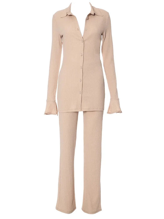 Neutral Ruched Collar Button Up Flare Long Sleeve And Pant Set