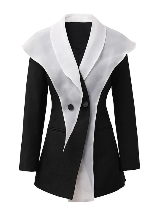 Two Toned Neutral Sheer Collar Double Breasted Blazer