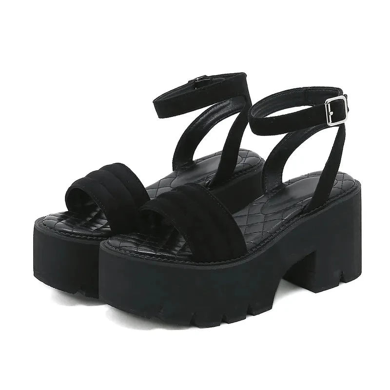 Black Suede Buckle Strap Platform Heels