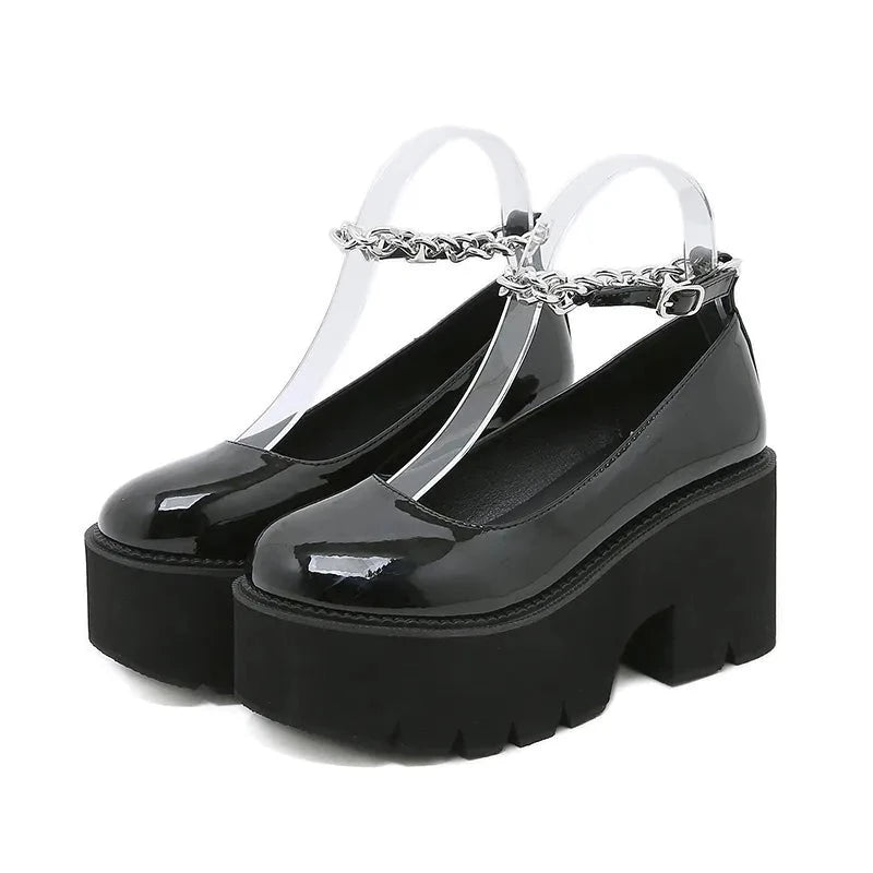 Black Glossy Chain Buckle Closed Toe Platform Heel Sneakers