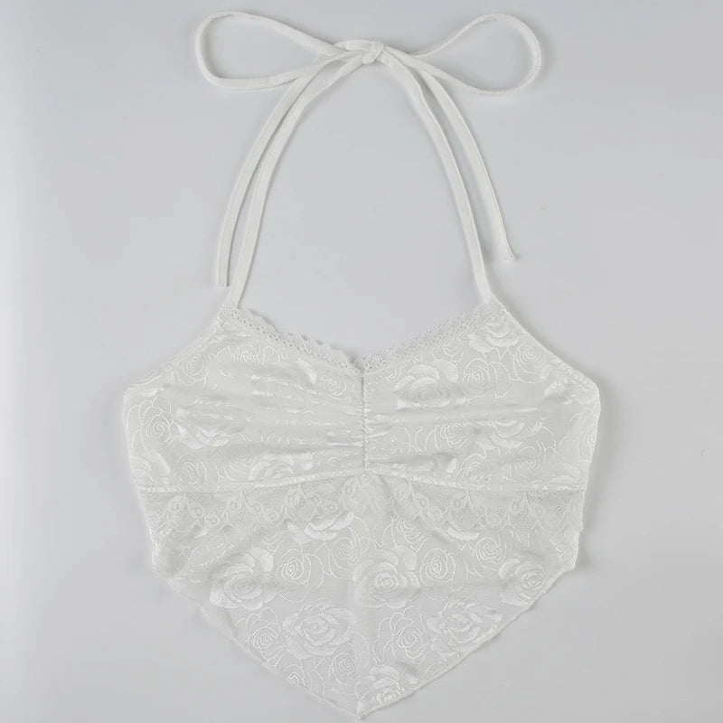 White Rose Lace V-Cut V-Style Crop Halter Top