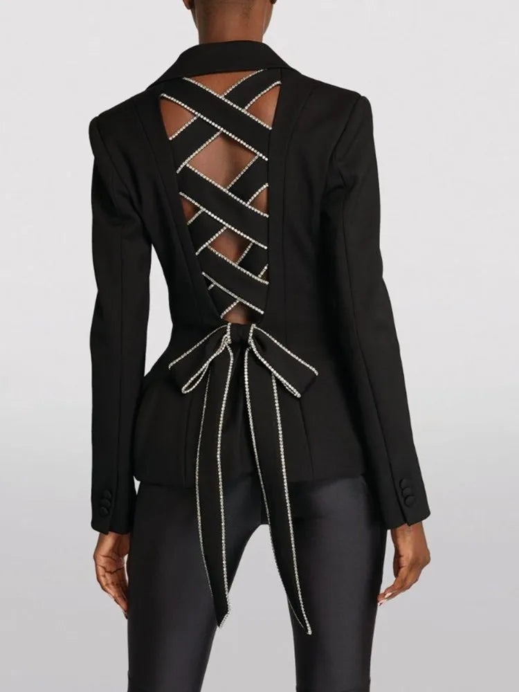 Black Backless Rhinestone Studded Criss-Cross Bow Blazer