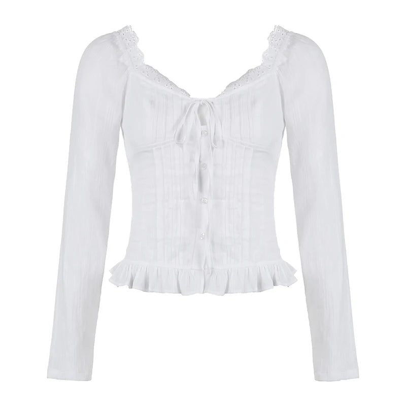 White Pleated Front Tie Button Up Ruffle Trim Long Sleeve