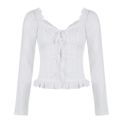 White Pleated Front Tie Button Up Ruffle Trim Long Sleeve