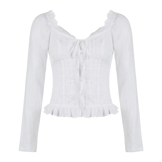 White Pleated Front Tie Button Up Ruffle Trim Long Sleeve