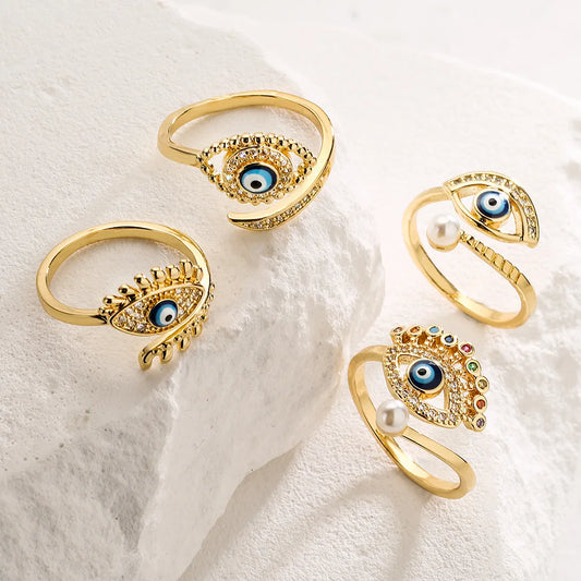 Gold Metal Turkish Evil Eye Rhinestone Studded Ring