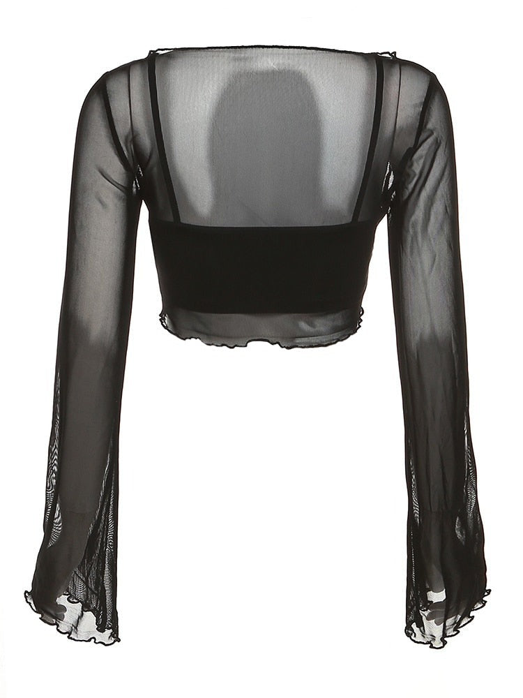 Black Spaghetti Strap Crop Top And Sheer Front Slit Long Sleeve