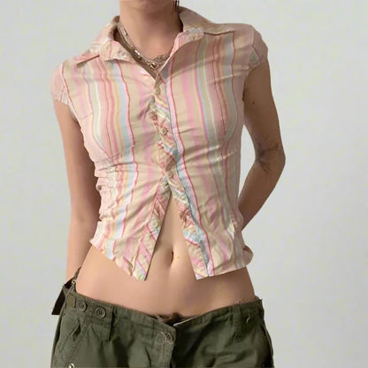 Beige Multicolor Stripe Button Up Short Sleeve