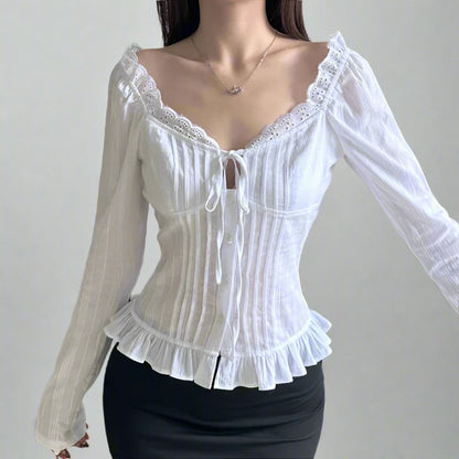 White Pleated Front Tie Button Up Ruffle Trim Long Sleeve