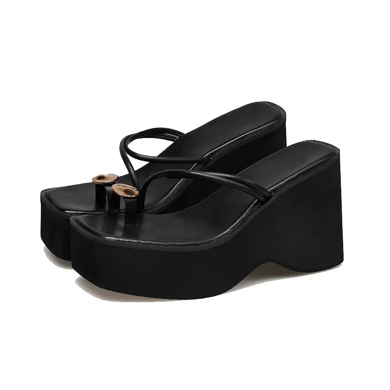 Black Double Strap Toe Ring Platform Heels