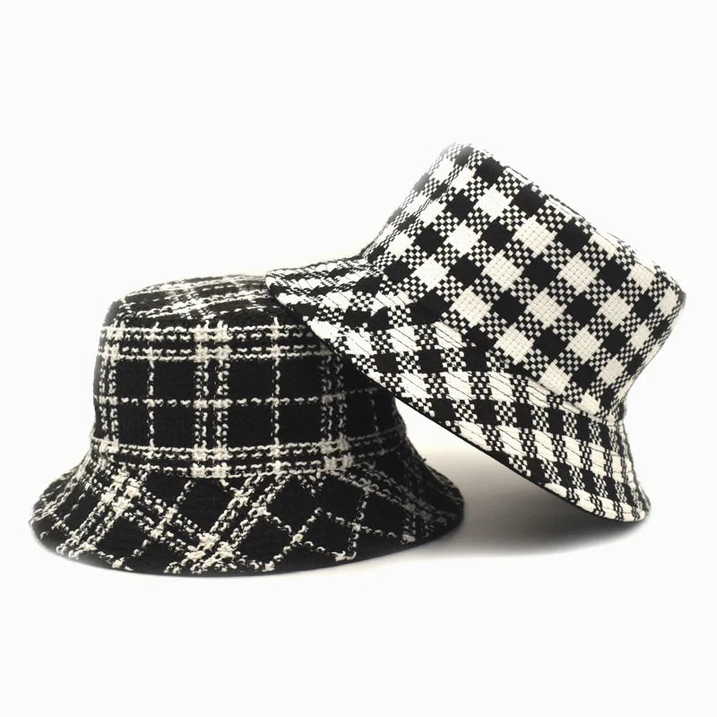 Neutral Plaid Tweed Reversible Bucket Hat