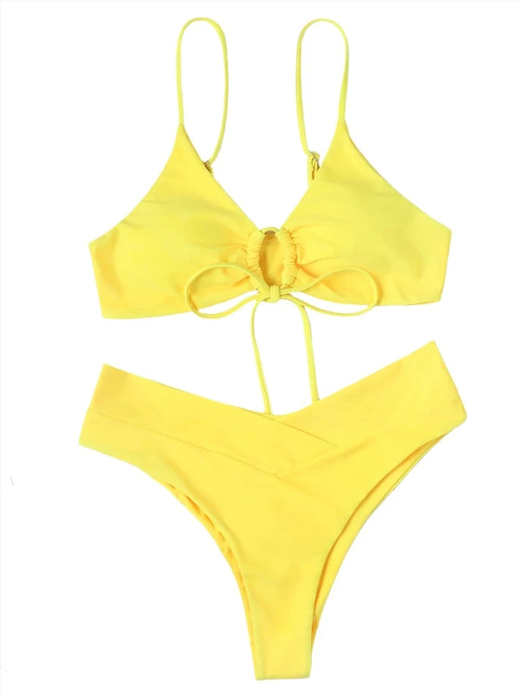 Solid Color Drawstring Spaghetti Strap V-Style Bikini