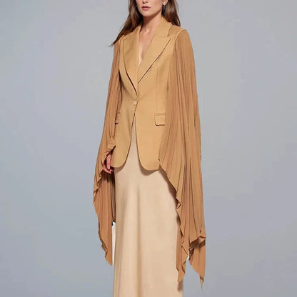 Neutral Pleated Ruffle Flare Sleeve Blazer