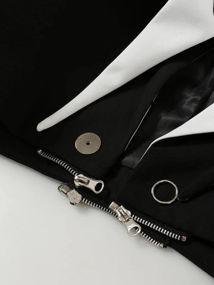 Black Puff Shoulder White Collar Detachable Blazer