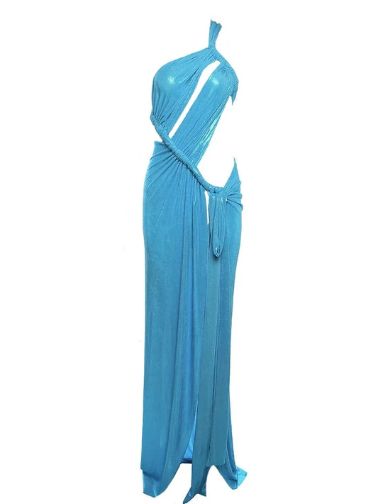 Solid Color Shimmery Hollow Out Knot Backless One Shoulder Maxi Dress