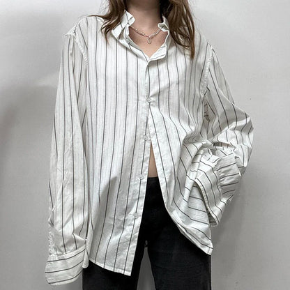 White And Black Stripe Ribbed Button Up Oversized Long Sleeve