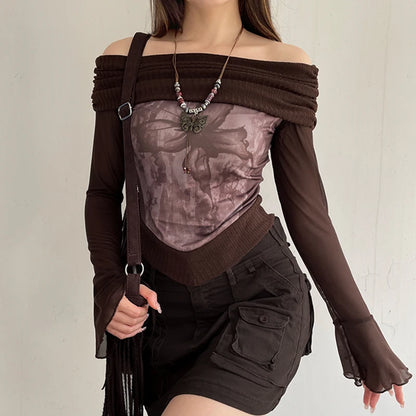 Brown Ribbed Butterfly Roll Over Off Shoulder Sheer Flare Long Sleeve