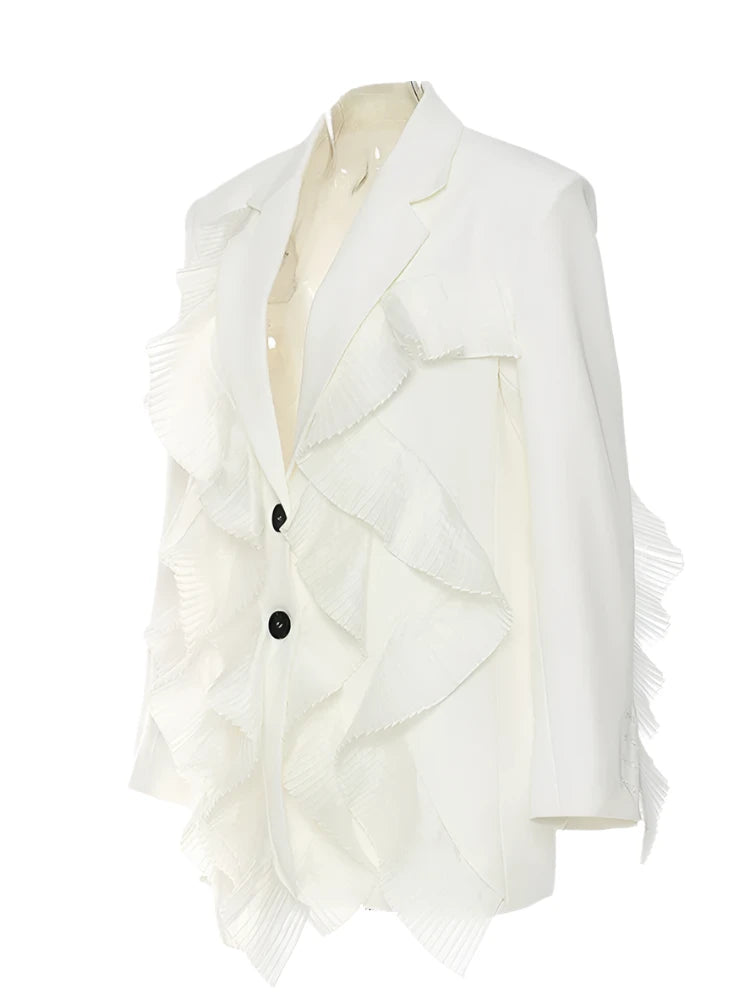 Neutral Pleated Ruffle Blazer