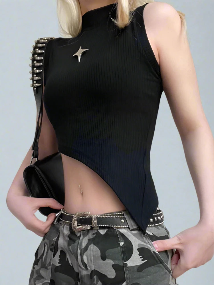 Black Knit Ribbed Turtleneck 3D Silver Star Asymmetric Trim Crop Sleeveless Top