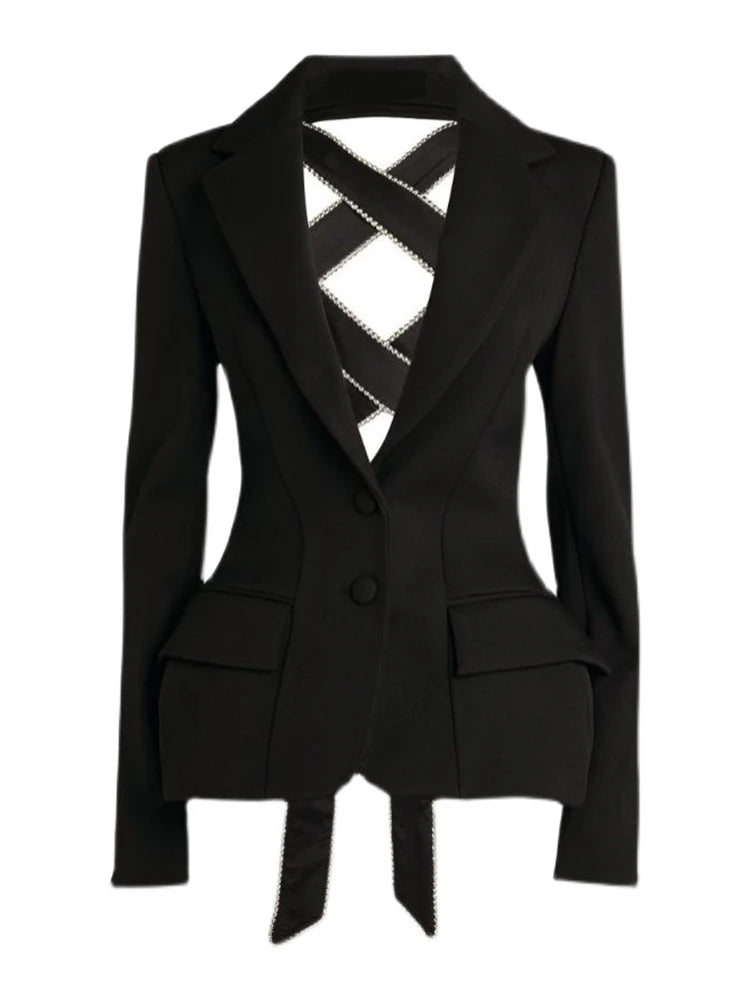 Black Backless Rhinestone Studded Criss-Cross Bow Blazer