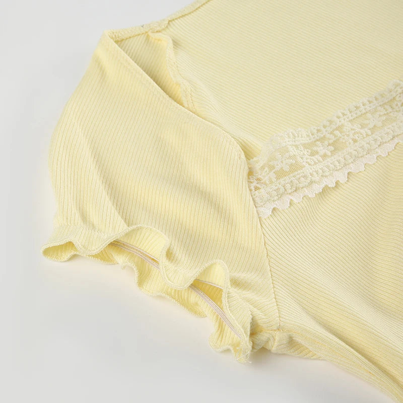 Yellow Knit Ribbed Lace Quarter Button Up Short Sleeve