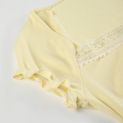 Yellow Knit Ribbed Lace Quarter Button Up Short Sleeve