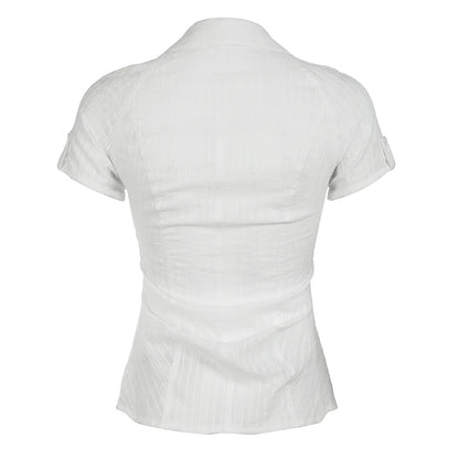 White Ribbed Button Up Buckle Short Sleeve