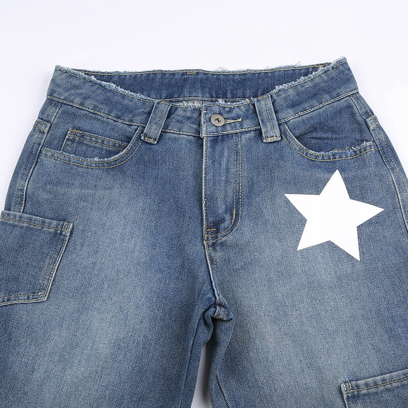 Blue Denim Distressed Cargo Star Low Waisted Flare Jeans