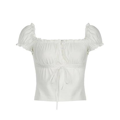 White Ruched Quarter Button Up Lace Bow Ruffle Trim Short Sleeve