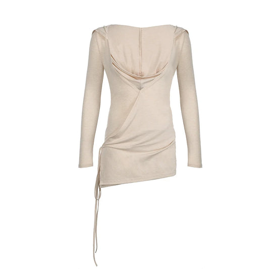 Beige Hooded Deep V-Cut Side Tie Long Sleeve Mini Dress