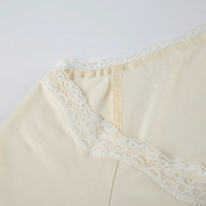 Beige V-Cut Lace Trim Bow Long Sleeve