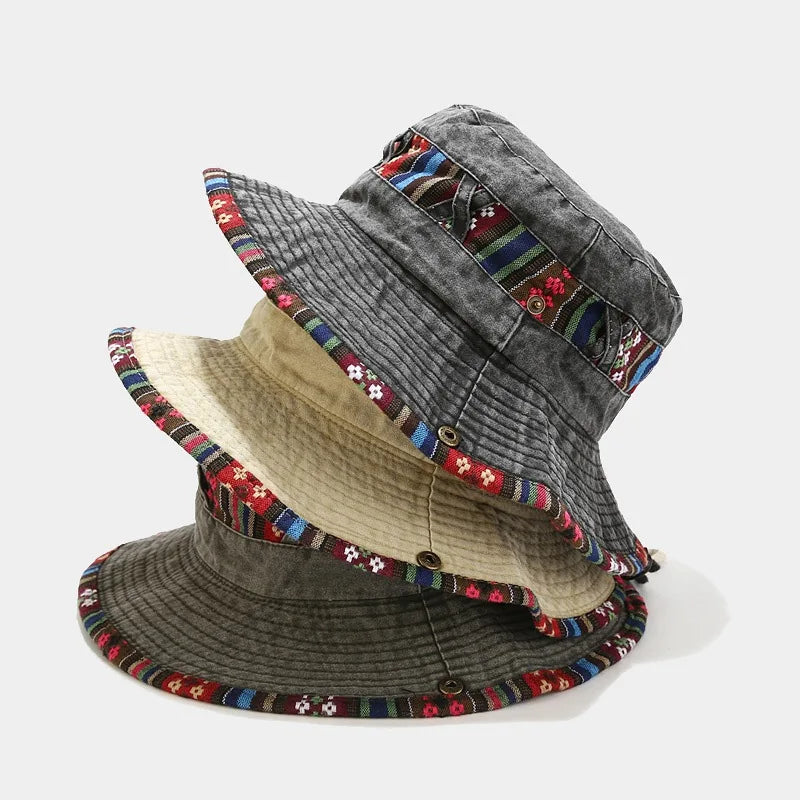 Neutral Washed Out Multicolor Tribal Print Patchwork Cotton Fisherman Bucket Hat