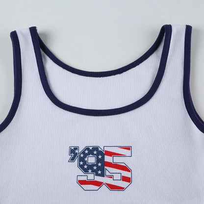 White Ribbed 95 Flag Print Blue Trim Spaghetti Strap Top