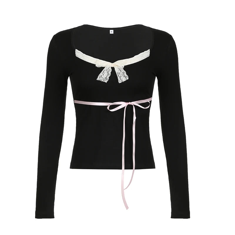 Black Beige Lace Bow V-Cut And Pink Bow Long Sleeve