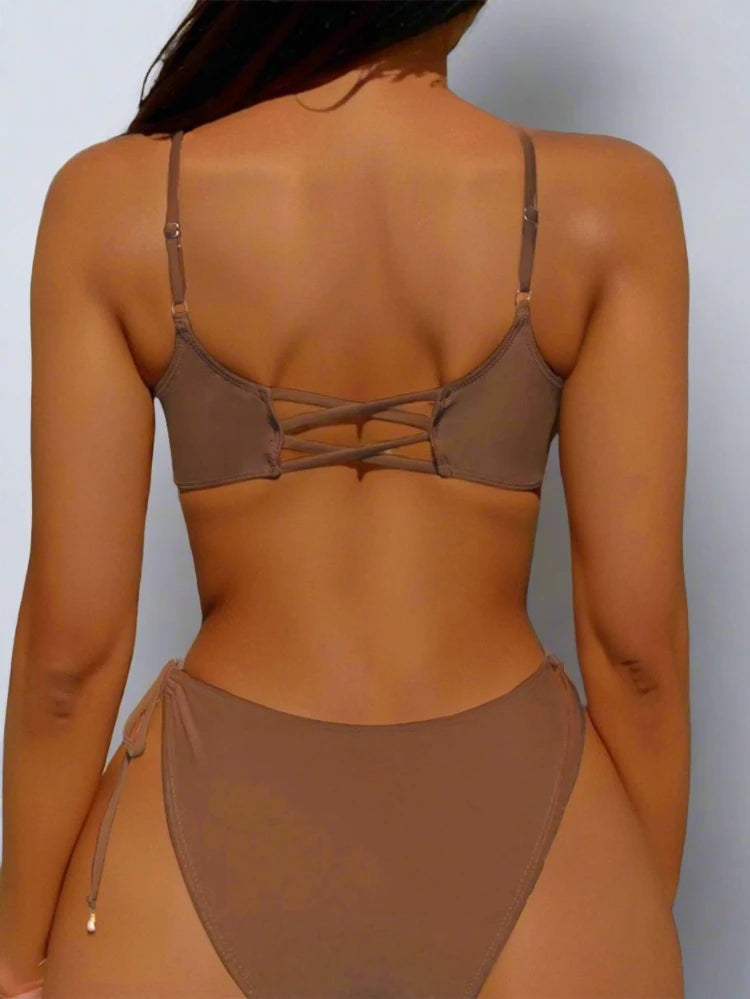 Brown Drawstring Ruched Bikini