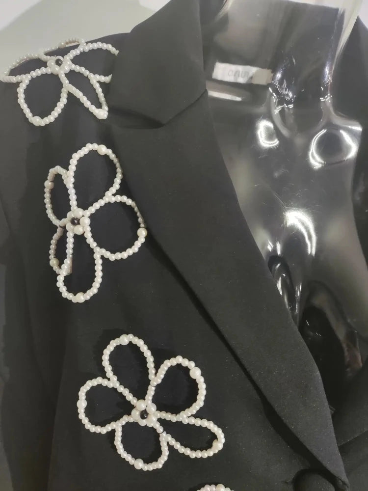 Black Rhinestone Flowers Blazer