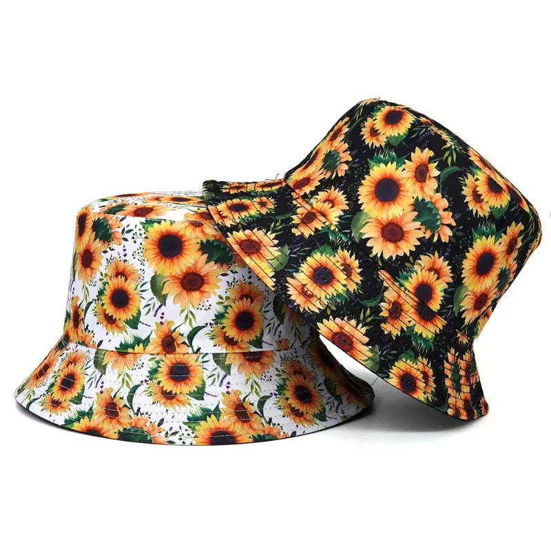 Neutral Cotton Sunflower Print Reversible Bucket Hat