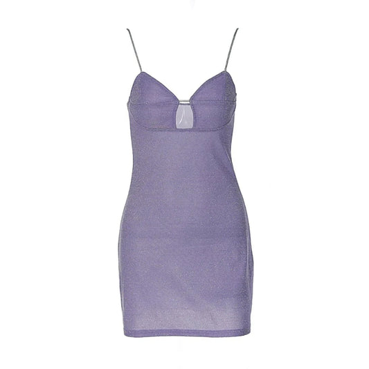 Purple Sparkly V-Cut Hollow Out Spaghetti Strap Mini Dress